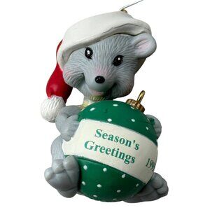 1995 DCI Mouse Holding Christmas Ornament Season's Greetings Ornament 2.5" READ